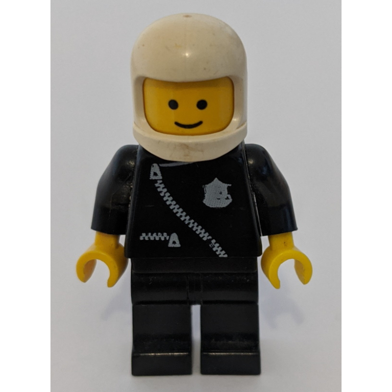 LEGO Policeman, Black Jacket with Zipper and Badge, White Helmet (3842b Helmet) (fig-001134)