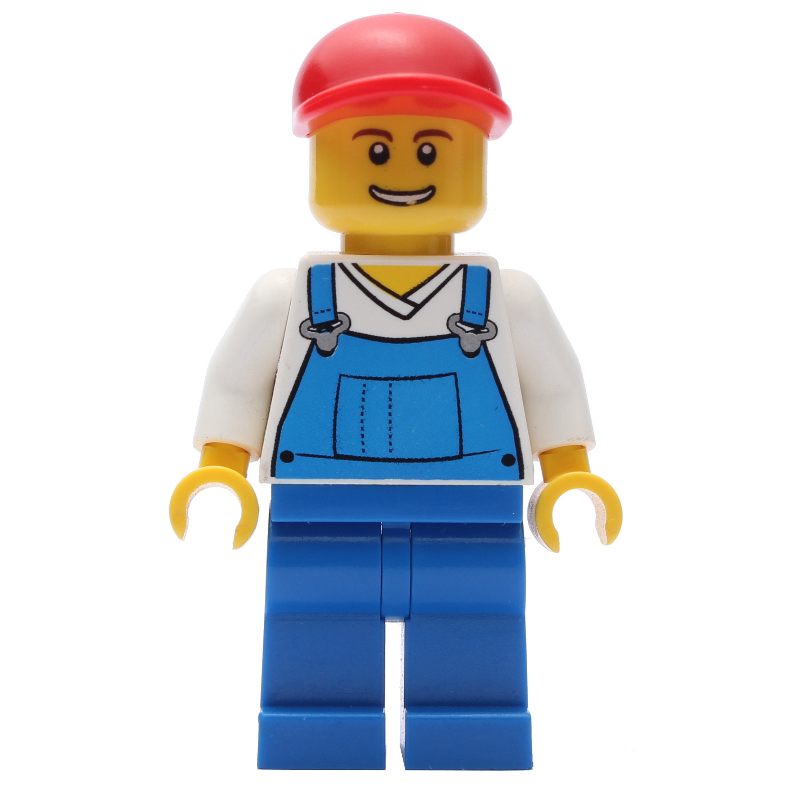 LEGO Man, Blue Overalls over White V-Neck Shirt, Red Cap, Open Mouth (fig-001143)