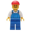 Man, Blue Overalls over White V-Neck Shirt, Red Cap, Open Mouth
