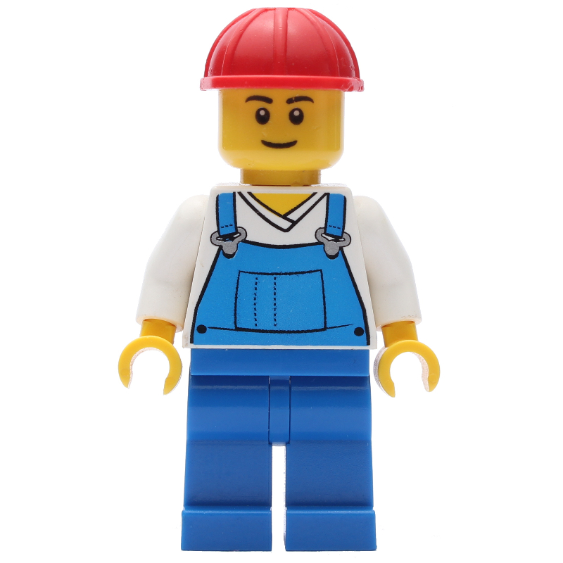 LEGO Blue Overalls and White V-Necked Shirt, Red Hard Hat (fig-001144)