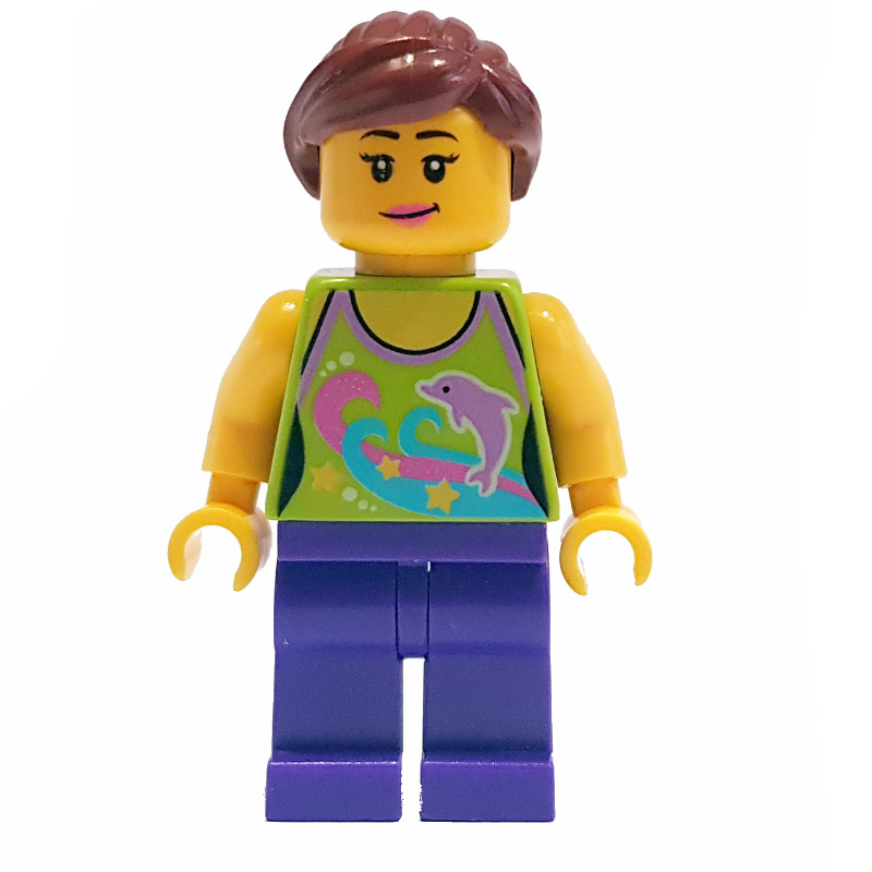LEGO Woman, Lime Halter Top with Dolphins, Dark Purple Legs, Dark Brown Ponytail (fig-001159)
