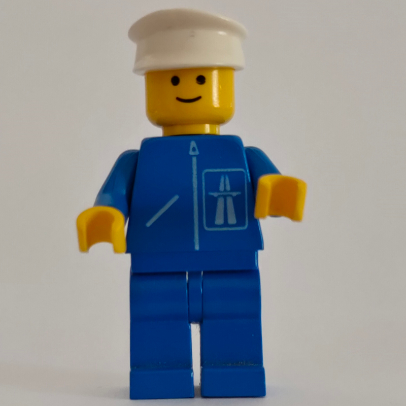 LEGO Man, Blue Jacket with Highway Logo, Blue Legs, White Hat (fig-001167)
