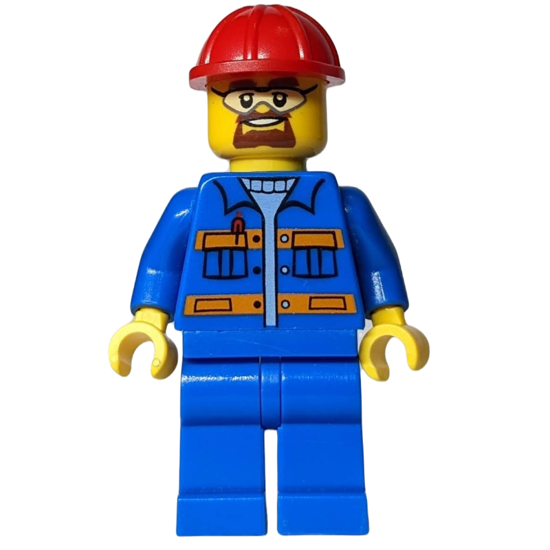 LEGO Worker, Blue Jacket with Orange Stripes, Blue Legs, Red Hard Hat, Goatee Beard and Safety Glasses (fig-001171)