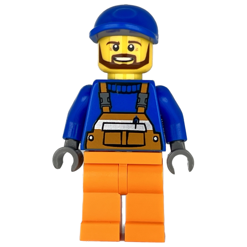 LEGO Construction Worker, Orange Overalls over Blue Sweater, Blue Cap, Beard (fig-001180)