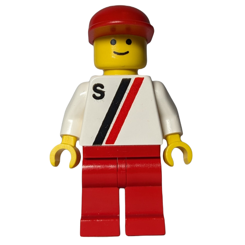 LEGO Man, White Shirt with Two Stripes and 'S', Red Legs, Red Cap (fig-001183)