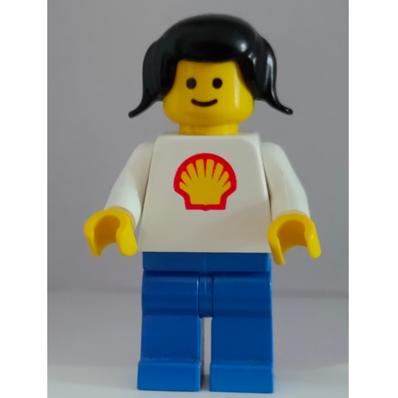LEGO Woman, White Torso with Shell Logo, Blue Legs, Black Pigtails Hair (fig-001195)