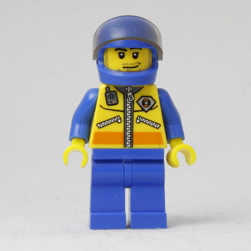 LEGO Coast Guard, Yellow Jacket with Zipper, Radio and Badge, Blue Helmet with Visor, Stubble (fig-001201)