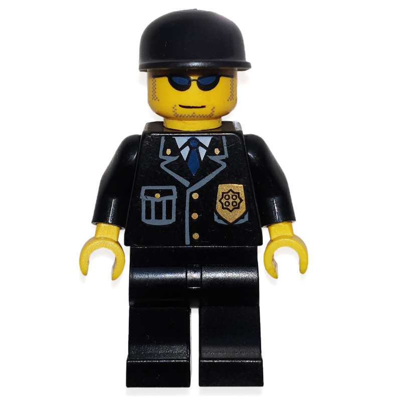 LEGO Policeman, Black Suit with Badge, Black Cap, Sunglasses (fig-001202)