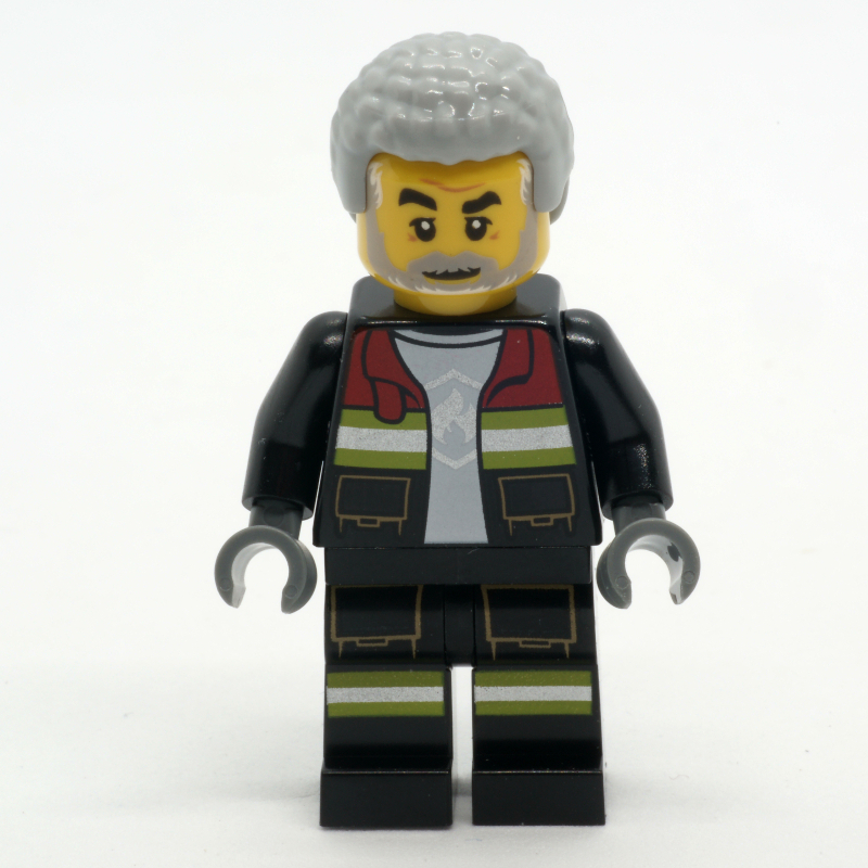 LEGO Firefighter, Black Fire Suit with Open Jacket, Light Bluish Gray Hair, Beard (fig-001203)