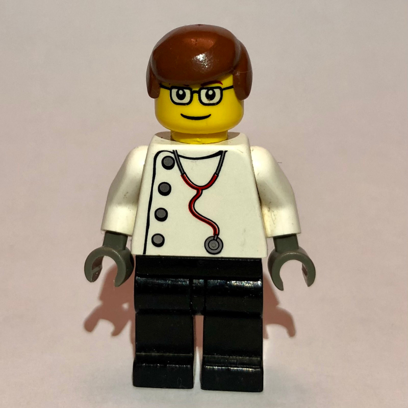 LEGO Doctor, White Shirt with Stethoscope and Side Buttons, Reddish Brown Hair, Glasses (fig-001204)