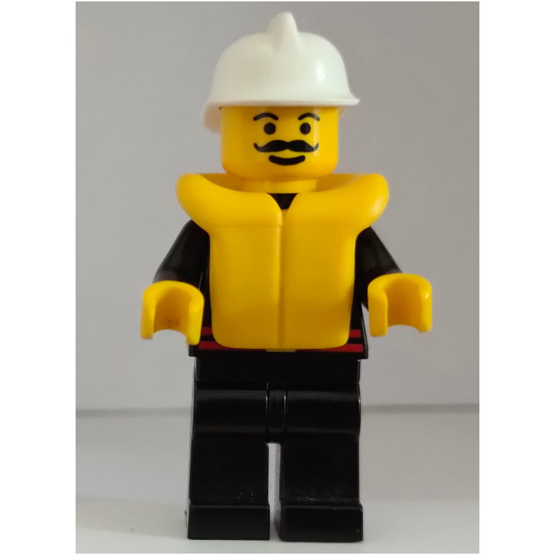 LEGO Fireman, Black Fire Jacket with Red Belt and Badge, White Helmet, Yellow Life Vest, Moustache (fig-001205)