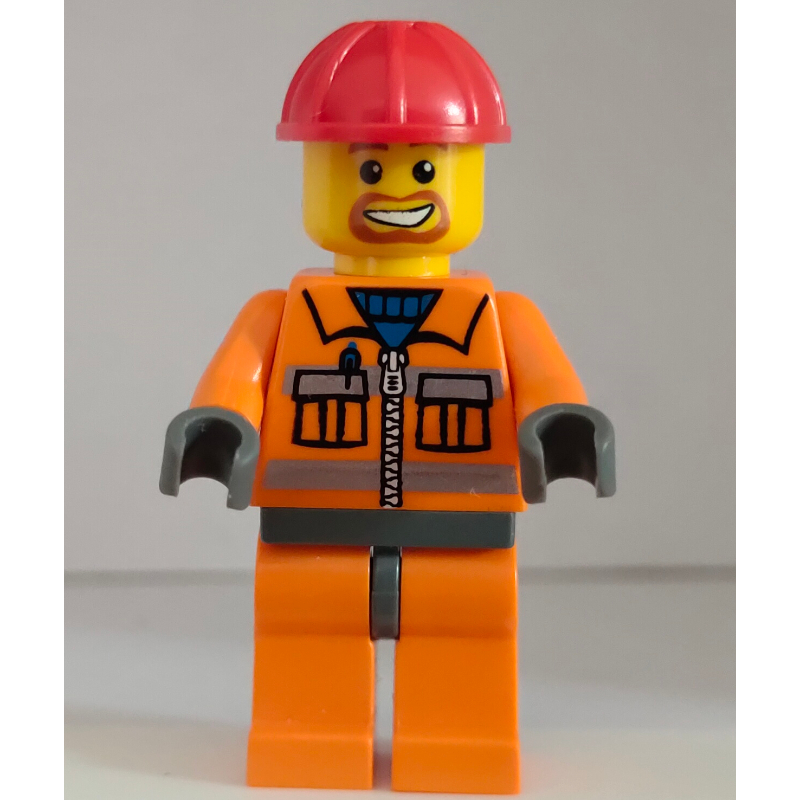 LEGO Construction Worker, Orange Jacket with Zipper and Reflective Stripes, Orange Legs, Red Hard Hat, Goatee Beard (fig-001209)