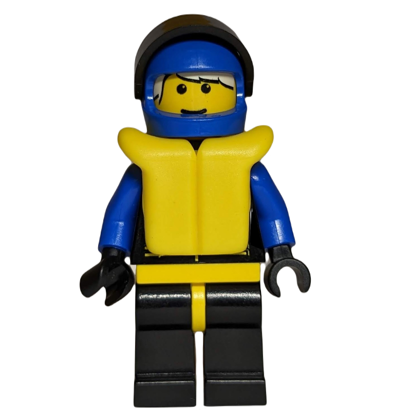 LEGO Racer, Extreme Team, Black Jacket, Blue Helmet with Visor, Yellow Life Vest (fig-001229)