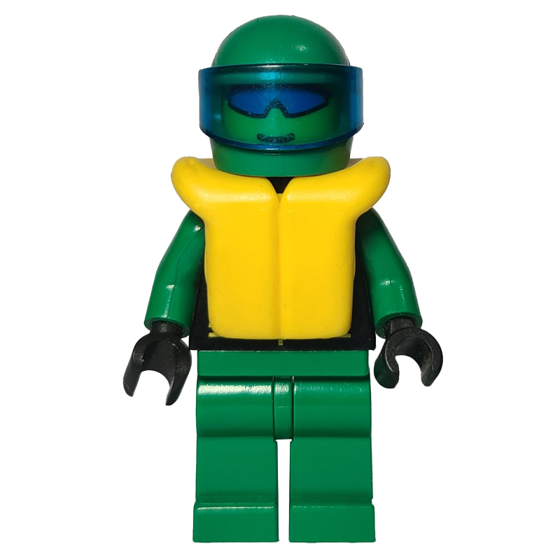 LEGO Racer, Extreme Team, Black Jacket, Green Legs, Green Helmet with Visor, Yellow Life Vest, Blue Sunglasses (fig-001231)