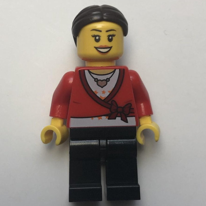 LEGO Woman, Cardigan Tied with Bow and Necklace, Black Legs, Dark Brown Hair (fig-001242)