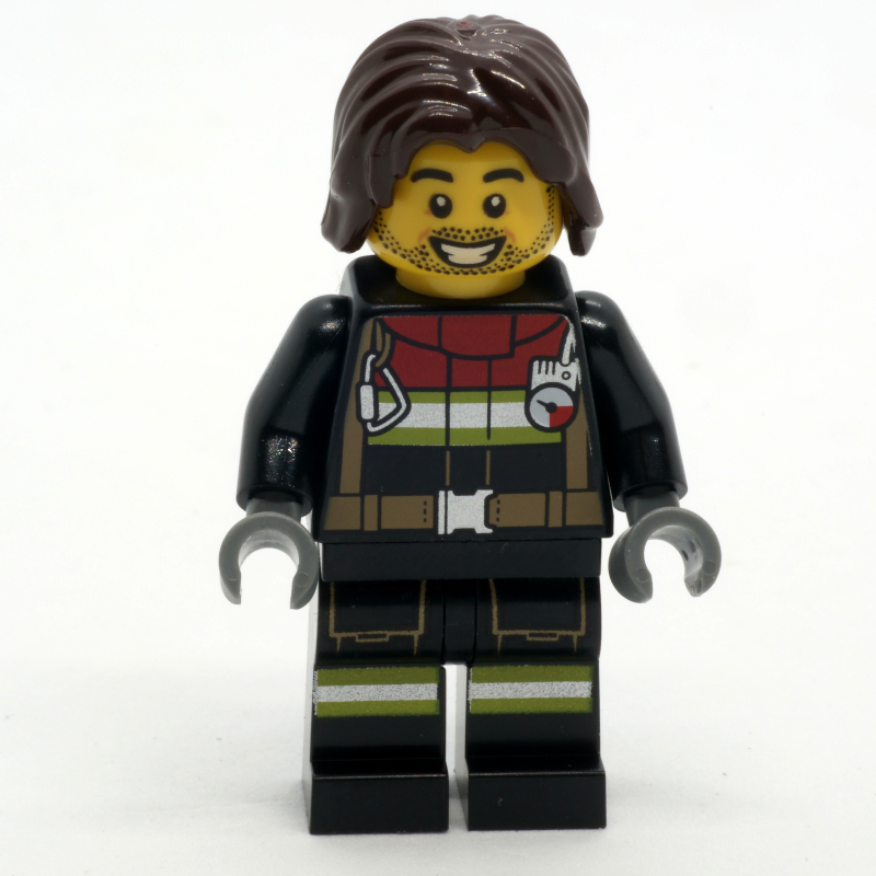 LEGO Firefighter, Black Fire Suit, Dark Brown Hair, Stubble Beard (fig-001244)