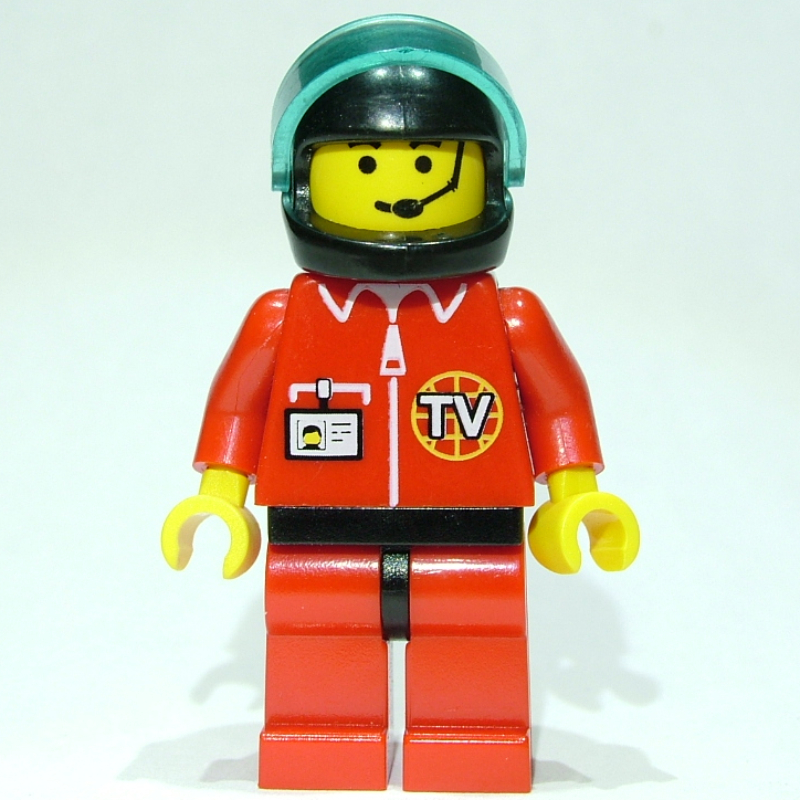 LEGO Pilot, Red Jumpsuit with TV Logo, Black Helmet with Visor, Headset (fig-001273)