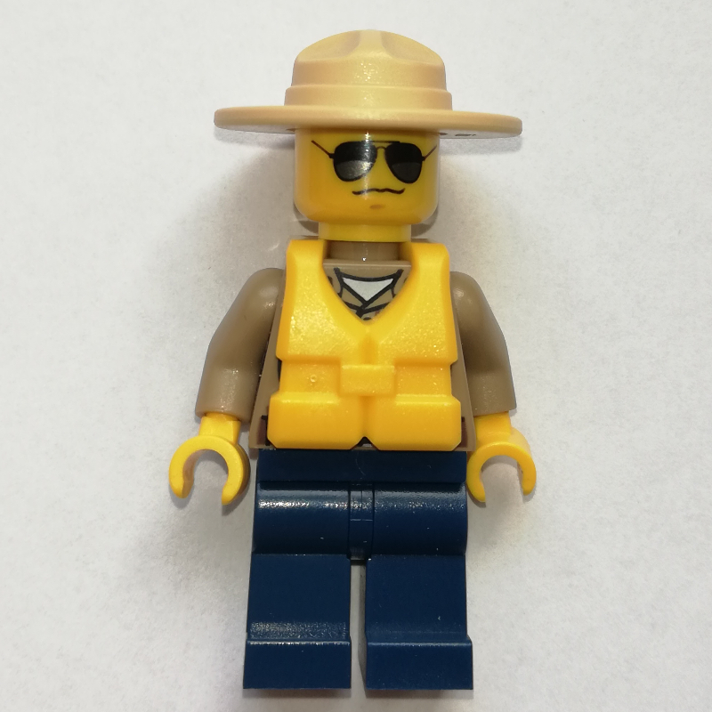 LEGO Forest Police / Ranger, Dark Tan Shirt with Radio and Badge, Dark Blue Legs, Tan Campaign Hat, Yellow Life Vest, Sunglasses (fig-001276)