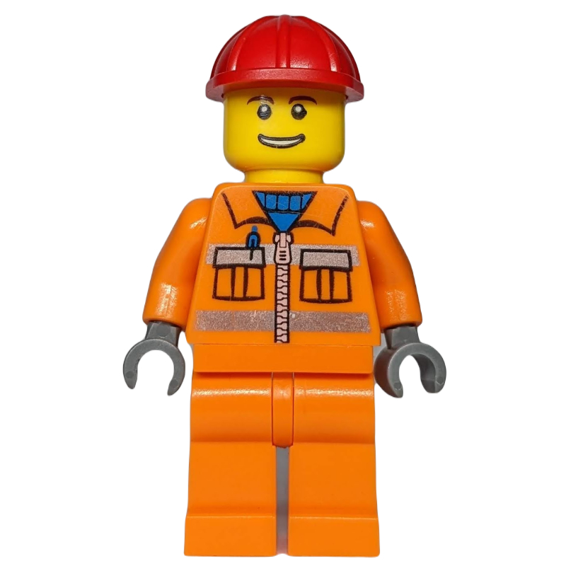 LEGO Construction Worker, Orange Jacket with Zipper and Reflective Stripes, Red Hard Hat (fig-001290)