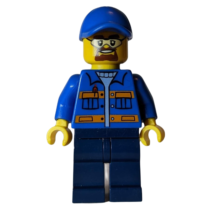 LEGO Worker, Blue Jacket with Orange Stripes, Dark Blue Legs, Blue Cap, Safety Glasses and Goatee Beard (fig-001292)