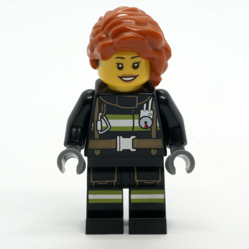 LEGO Firefighter, Black Fire Suit, Dark Orange Long Hair, Hearing Aid (fig-001294)