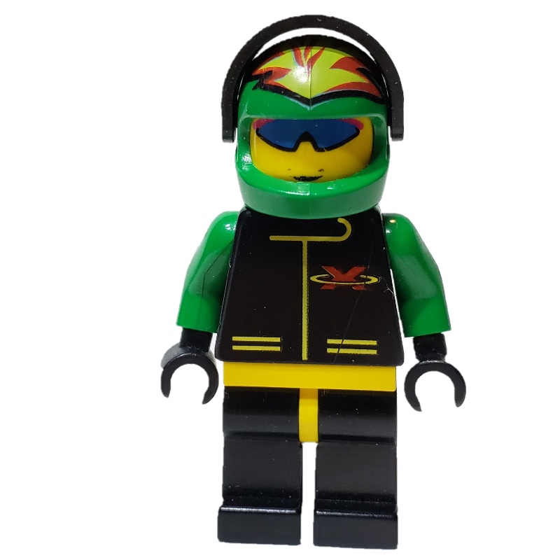LEGO Racer, Extreme Team, Black Jacket, Black Legs, Green Helmet with Visor, Blue Sunglasses (fig-001305)