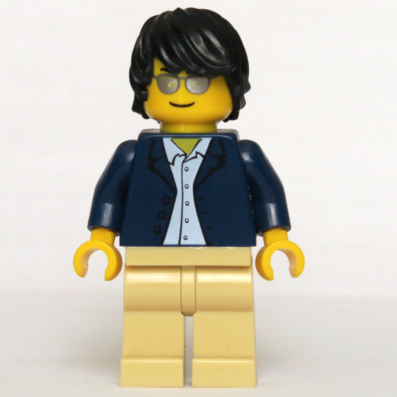 LEGO Man, Open Dark Blue Jacket, Tan Legs, Black Hair, Silver Sunglasses (fig-001308)