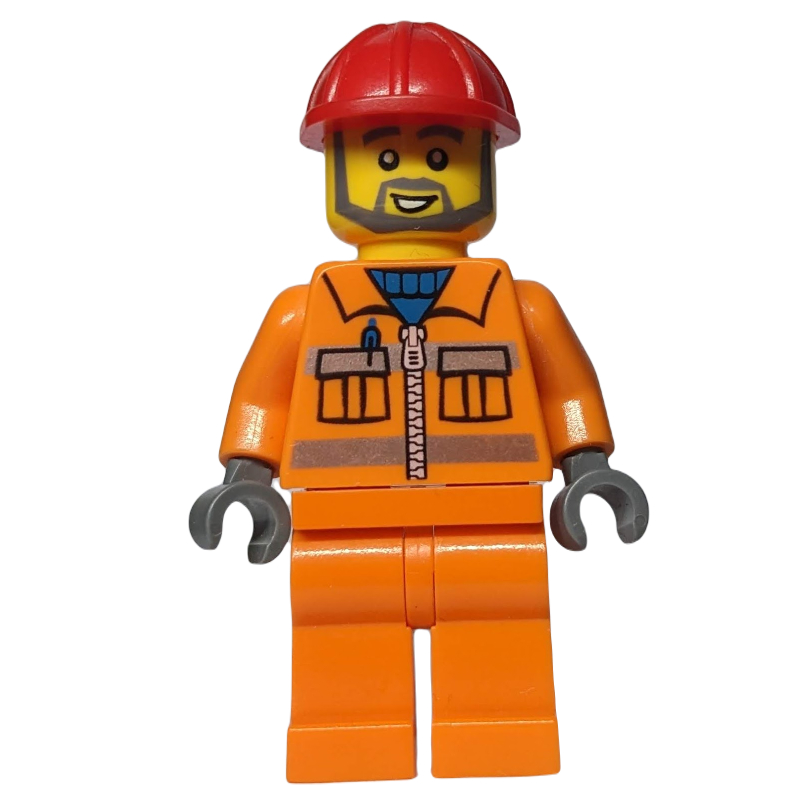 LEGO Construction Worker in Orange Jacket with Zipper and Reflective Stripes, Red Helmet, Gray Beard (fig-001312)