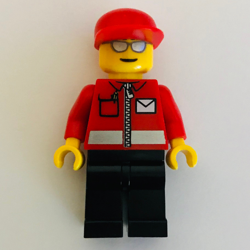 LEGO Postal Worker, Red Jacket with Zipper and Letter Logo, Black Legs, Red Cap, Silver Sunglasses (fig-001346)
