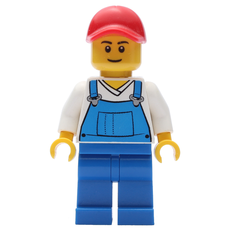 LEGO Man, Blue Overalls over White V-Neck Shirt, Red Cap (fig-001368)
