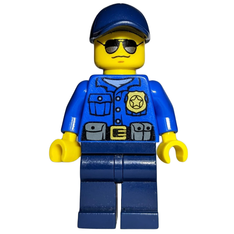 LEGO Policeman, Blue Shirt with Badge and Pouches, Dark Blue Legs, Dark Blue Cap, Sunglasses (fig-001375)