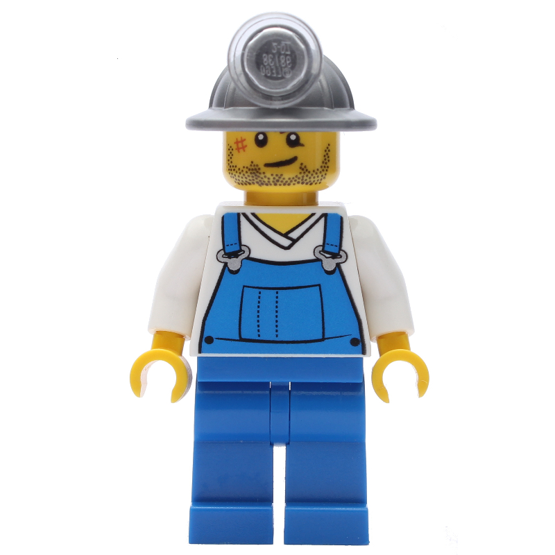 LEGO Miner, Blue Overalls over White V-Necked Shirt, Mining Hat (fig-001389)
