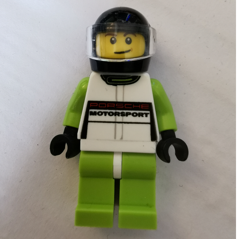 LEGO Race Driver, White Torso, Lime Legs, Black Helmet, Porsche (fig-001390)