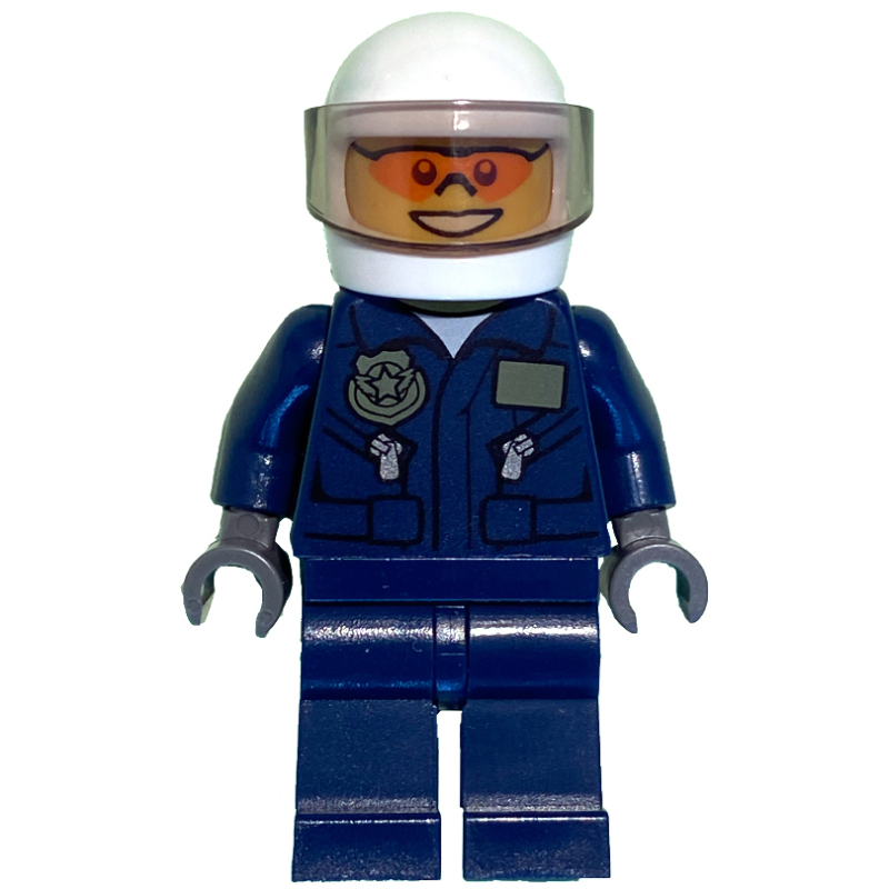 LEGO Policeman, Dark Blue Jacket with Pockets and Badge, Plain Dark Blue Legs, White Helmet with Visor, Orange Sunglasses (fig-001403)