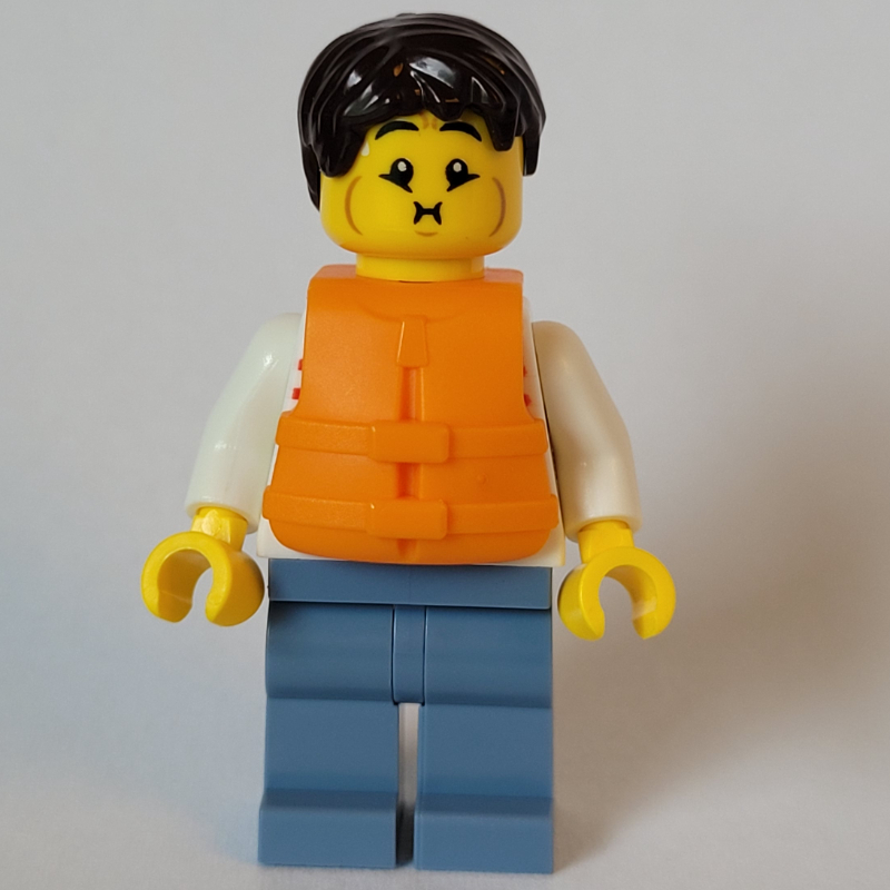 LEGO Man, White and Red Striped Shirt, Sand Blue Legs, Orange Life Vest, Dark Brown Hair (fig-001409)