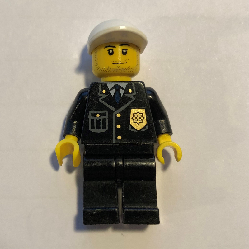LEGO Policeman, Black Suit with Badge, White Cap, Stubble (fig-001423)