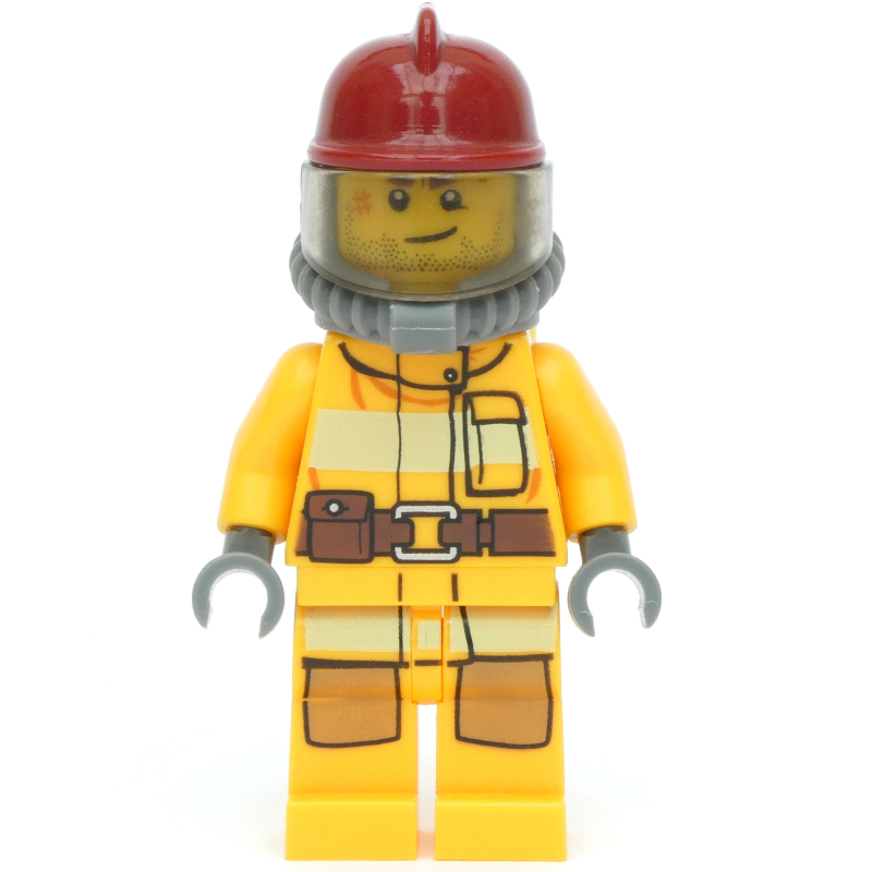 LEGO Fireman, Bright Light Orange Fire Suit, Dark Red Helmet, Breathing Apparatus, Airtanks, Stubble and Scar (fig-001440)