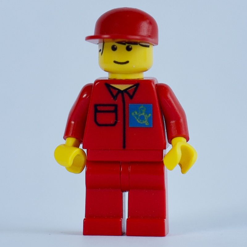 LEGO Postal Worker, Red Shirt with Horn Logo with Blue Background, Red Legs, Red Cap (fig-001443)