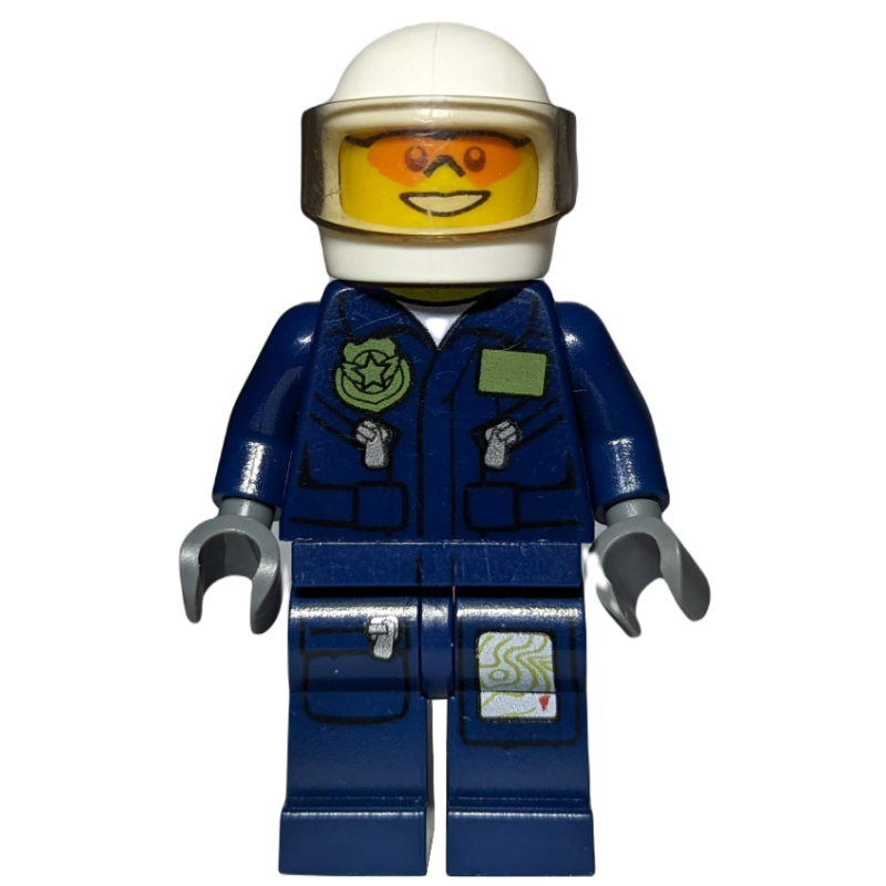 LEGO Policeman, Dark Blue Jacket with Pockets and Badge, White Helmet with Visor, Orange Sunglasses (fig-001492)