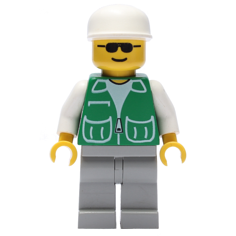 LEGO Man, Green Jacket, Light Gray Legs, White Cap, Sunglasses (fig-001498)