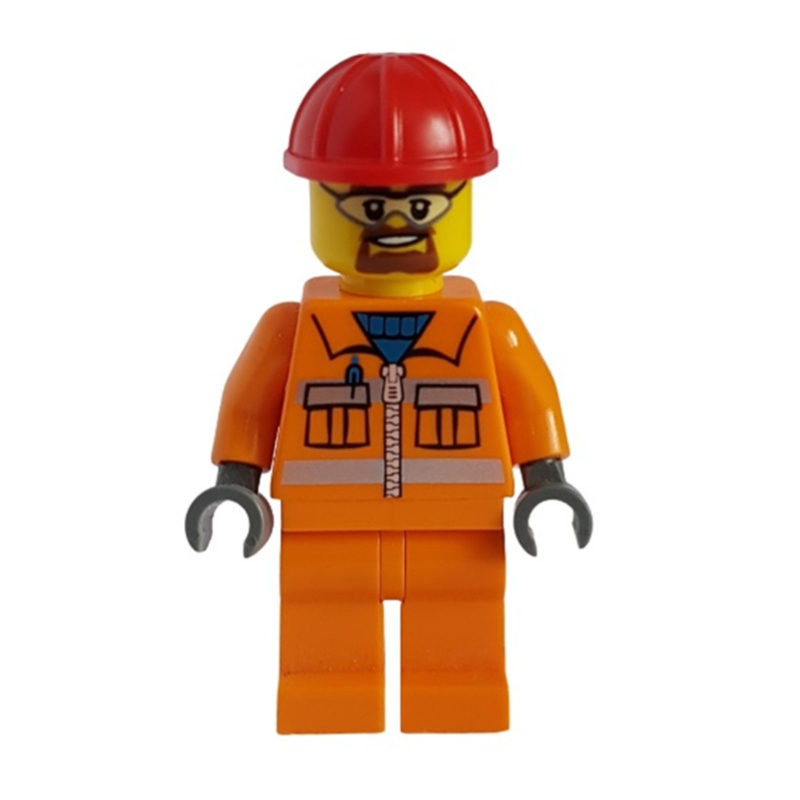 LEGO Construction Worker, Orange Jacket with Zipper and Reflective Stripes, Orange Legs, Red Hard Hat, Goatee Beard and Goggles (fig-001499)
