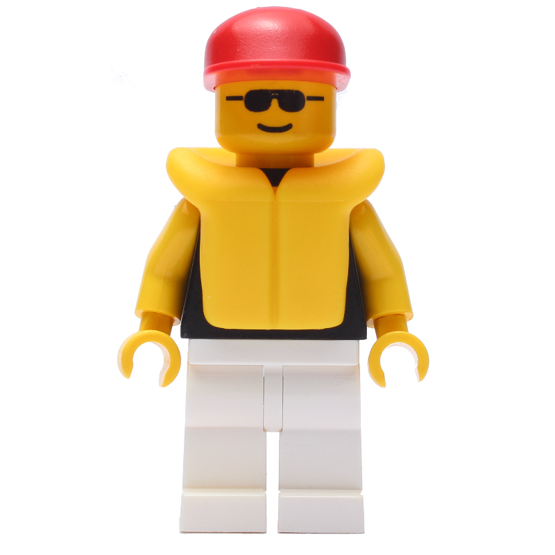 LEGO Man, Black Torso, White Legs, Red Cap, Yellow Life Vest, Sunglasses (fig-001503)