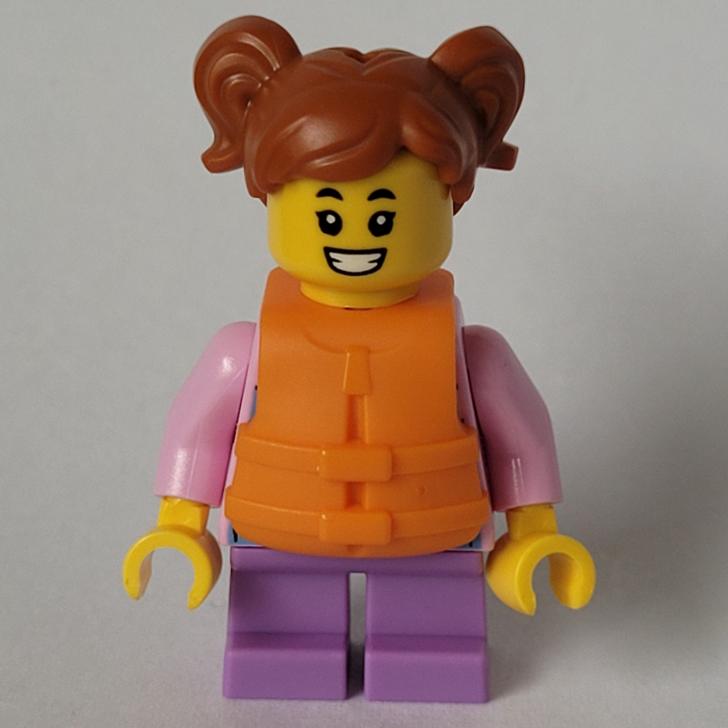 LEGO Girl, Pink Hoodie, Short Medium Lavender Legs, Orange Life Jacket, Dark Orange Hair (fig-001505)
