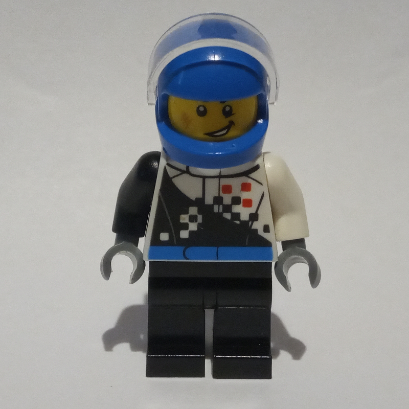 LEGO Racer, Black and White Jumpsuit, Blue Helmet with Visor, Scar (fig-001548)