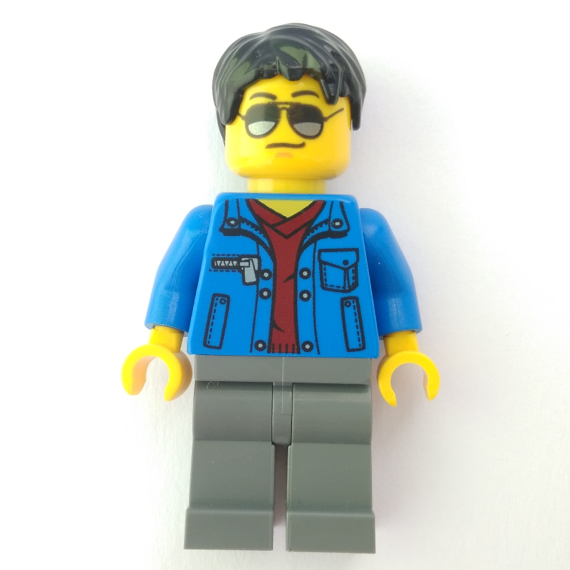 LEGO Man, Open Blue Jacket over Dark Red Shirt, Light Bluish Gray Legs, Black Hair, Sunglasses (fig-001564)