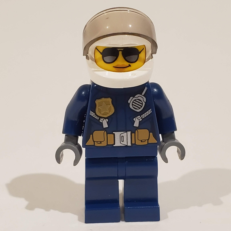 LEGO Policewoman, Dark Blue Jacket with Radio, Badge, and Belt with Pouches, White Helmet with Trans-Brown Visor, Sunglasses (fig-001582)