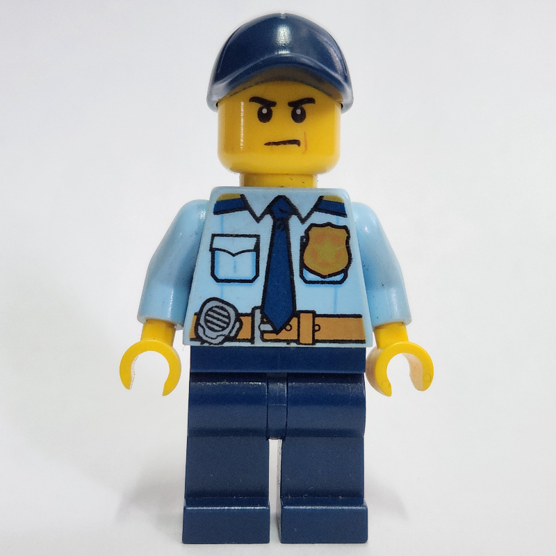 LEGO Policeman, Bright Light Blue Shirt with Dark Blue Tie, Badge, and Radio on Belt, Dark Blue Cap (fig-001585)