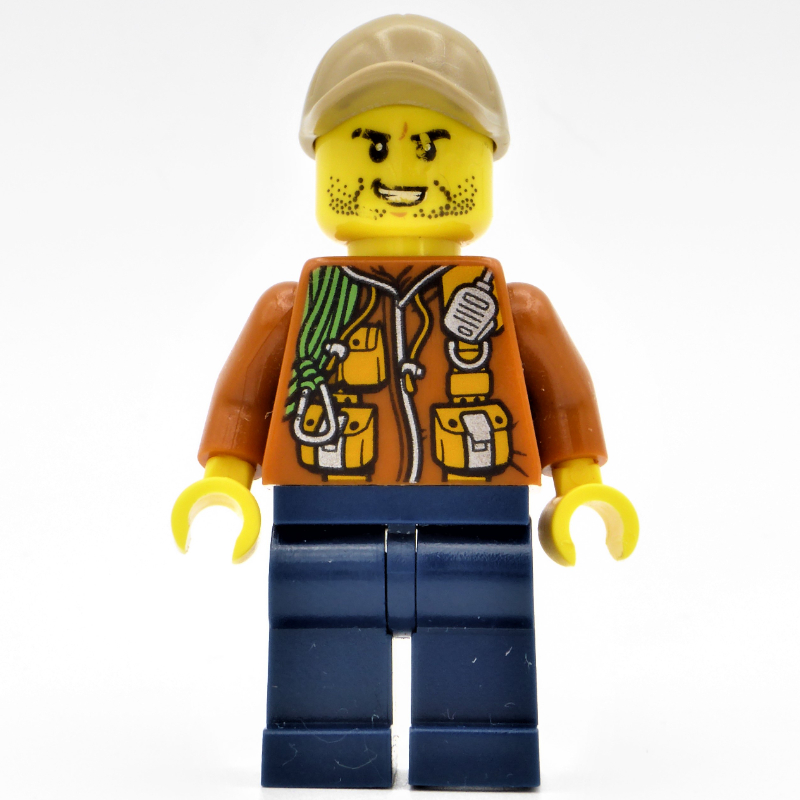 LEGO Explorer, Jacket with Pouches, Radio, and Rope, Dark Tan Cap, Stubble and Clenched Teeth (fig-001621)