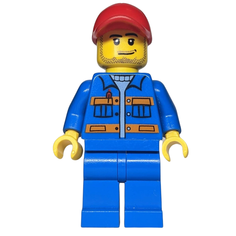 LEGO Construction Worker, Blue Jacket with Orange Stripes, Blue Legs, Red Cap, Stubble (fig-001657)