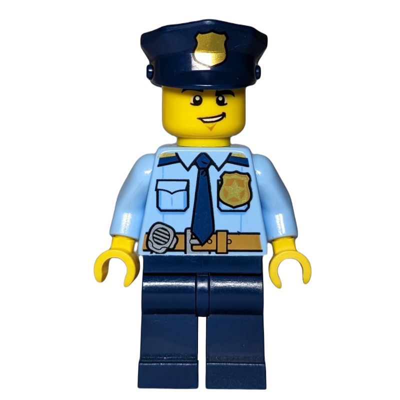 LEGO Policeman, Bright Light Blue Shirt with Dark Blue Tie, Badge, and Radio on Belt, Dark Blue Hat with Badge (fig-001659)